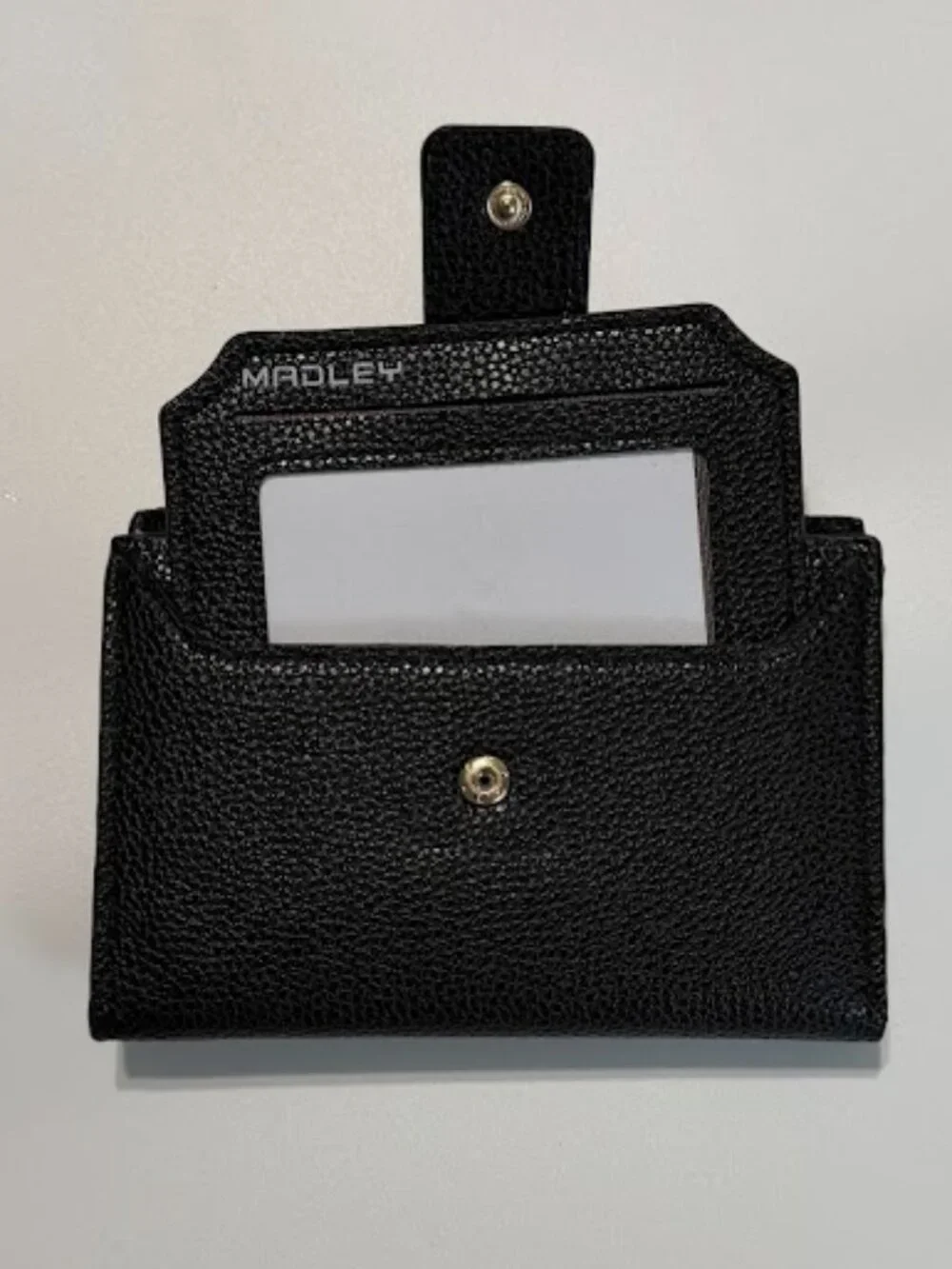 Madley Black Pebbled Leather Bifold Wallet Zip Coin Pocket Gold Hardware